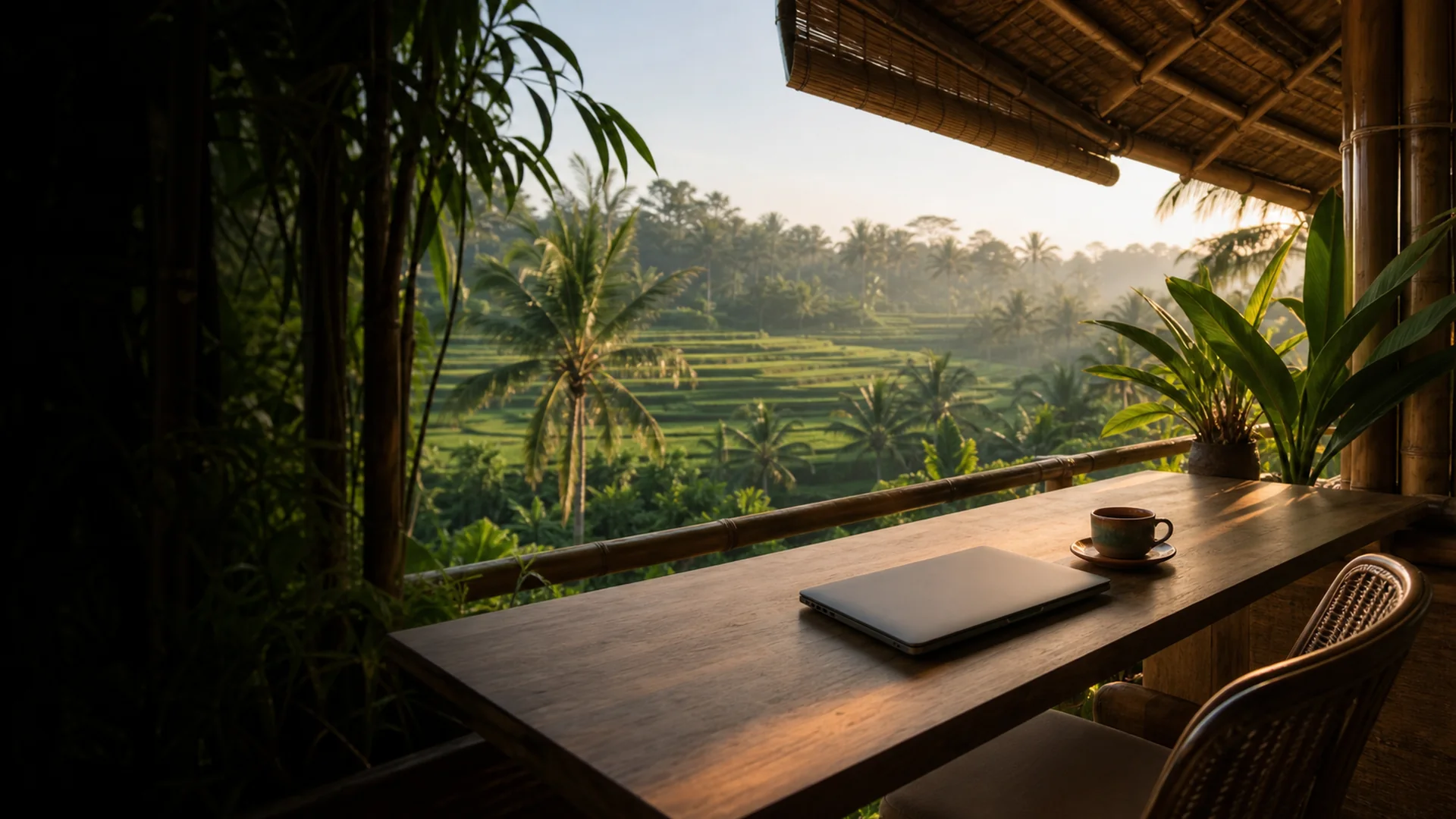 Remote-Worker arbeitet am Laptop in einem offenen Coworking-Space mit tropischer Vegetation in Canggu, Bali