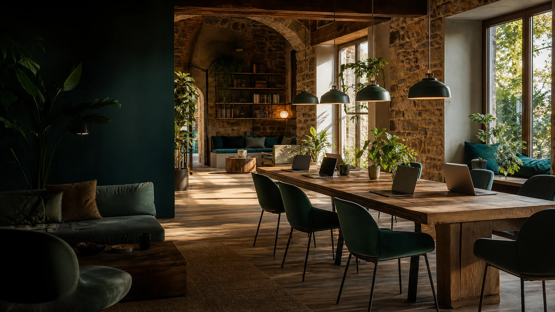Moderner Coliving-Space in Portugal mit Gemeinschaftsküche und Arbeitsbereich – Remote-Worker Community