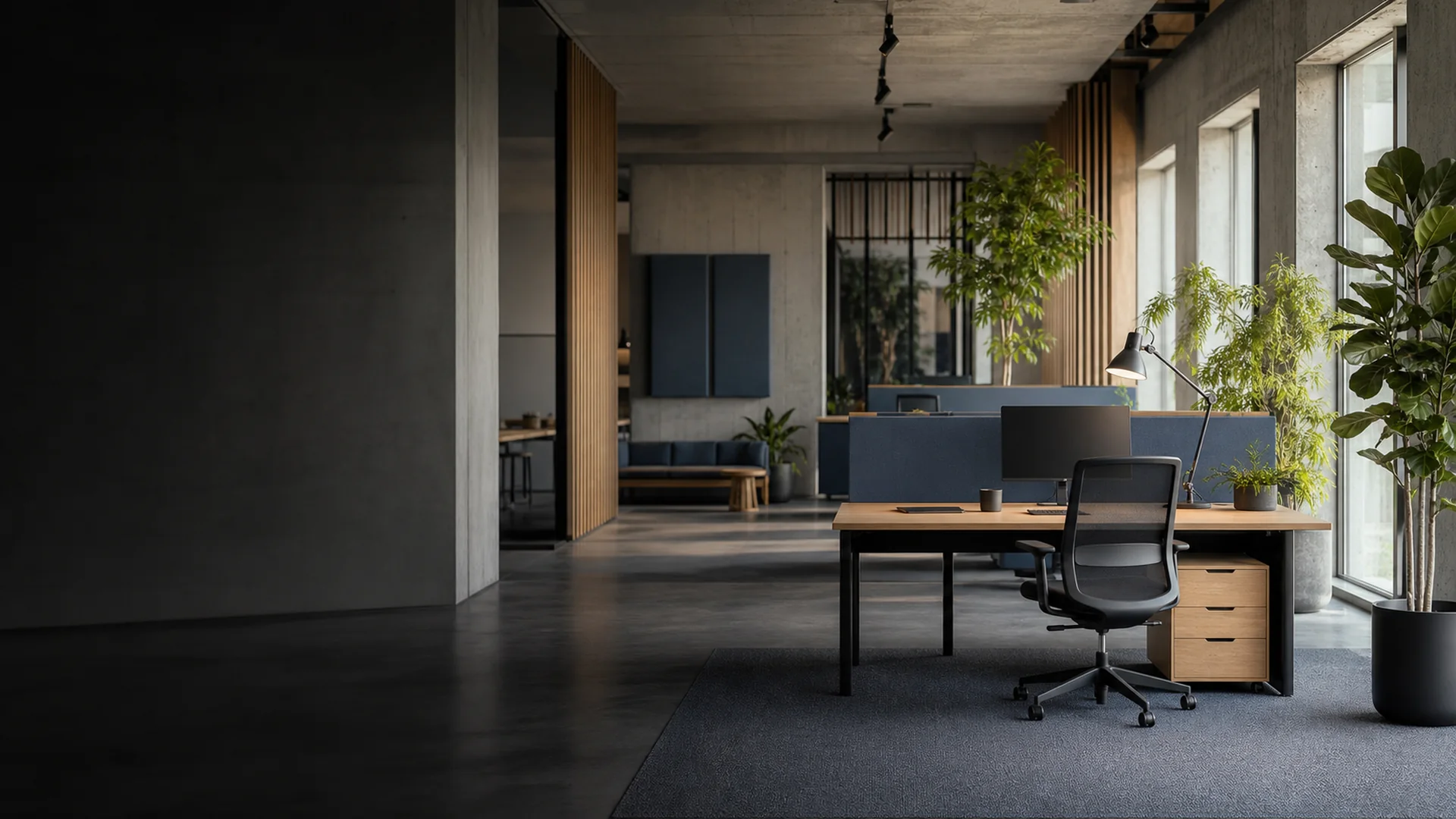 Moderner Co-Working-Space in Berlin mit großen Fenstern, Pflanzen und konzentriert arbeitenden Remote-Workern