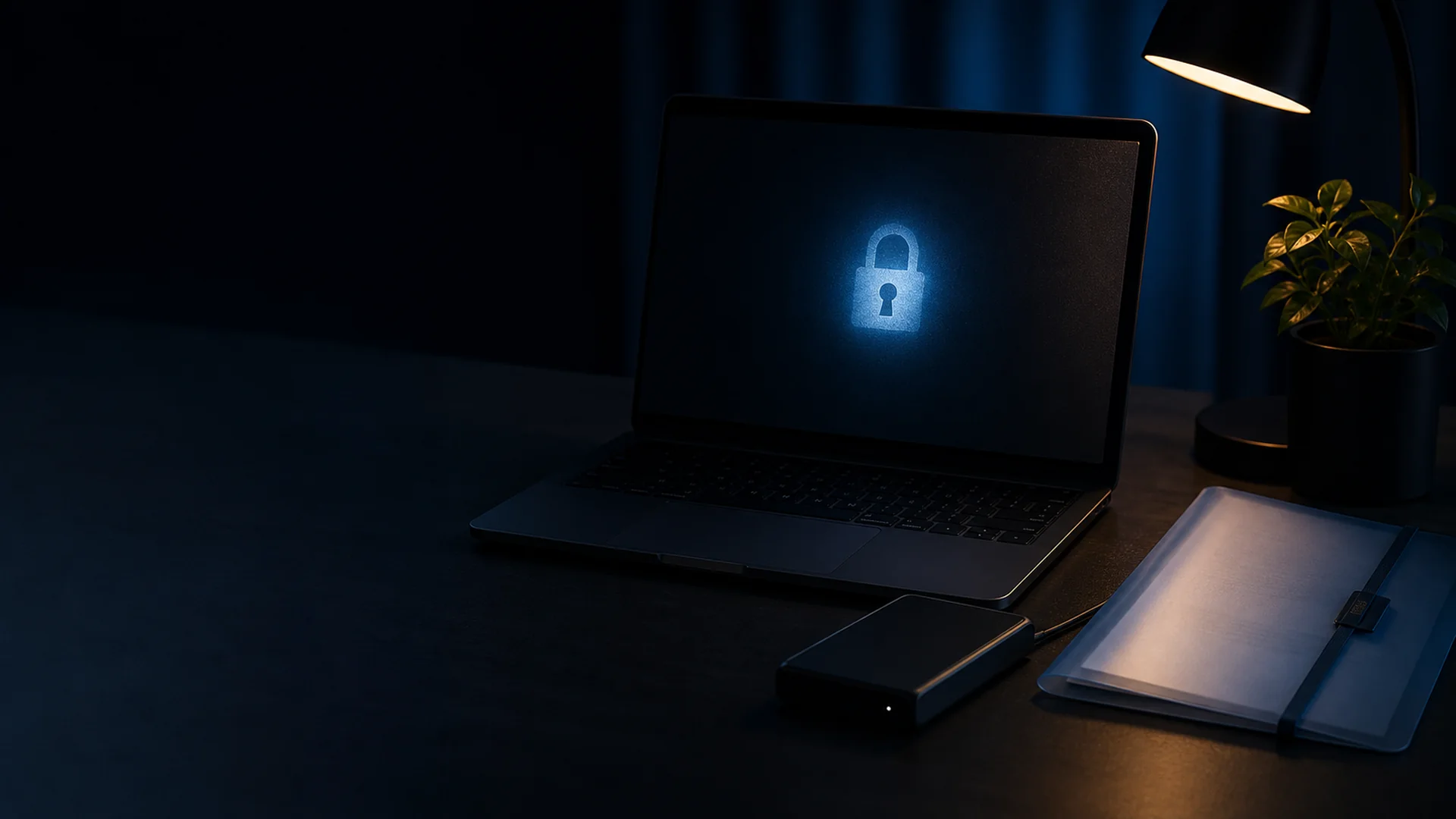 Laptop-Bildschirm mit DSGVO-Datenschutz-Symbolen und Schloss-Icon – Home-Office-Arbeitsplatz