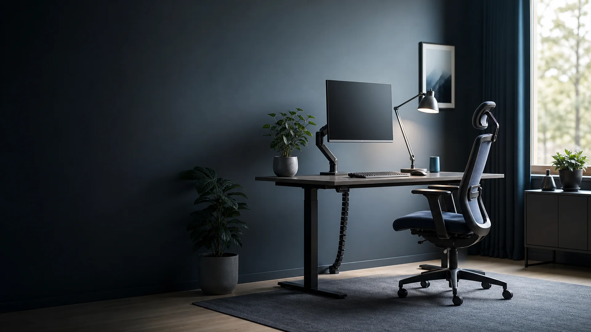 Ergonomisch eingerichtetes Home Office mit höhenverstellbarem Schreibtisch, Monitor und gutem Stuhl