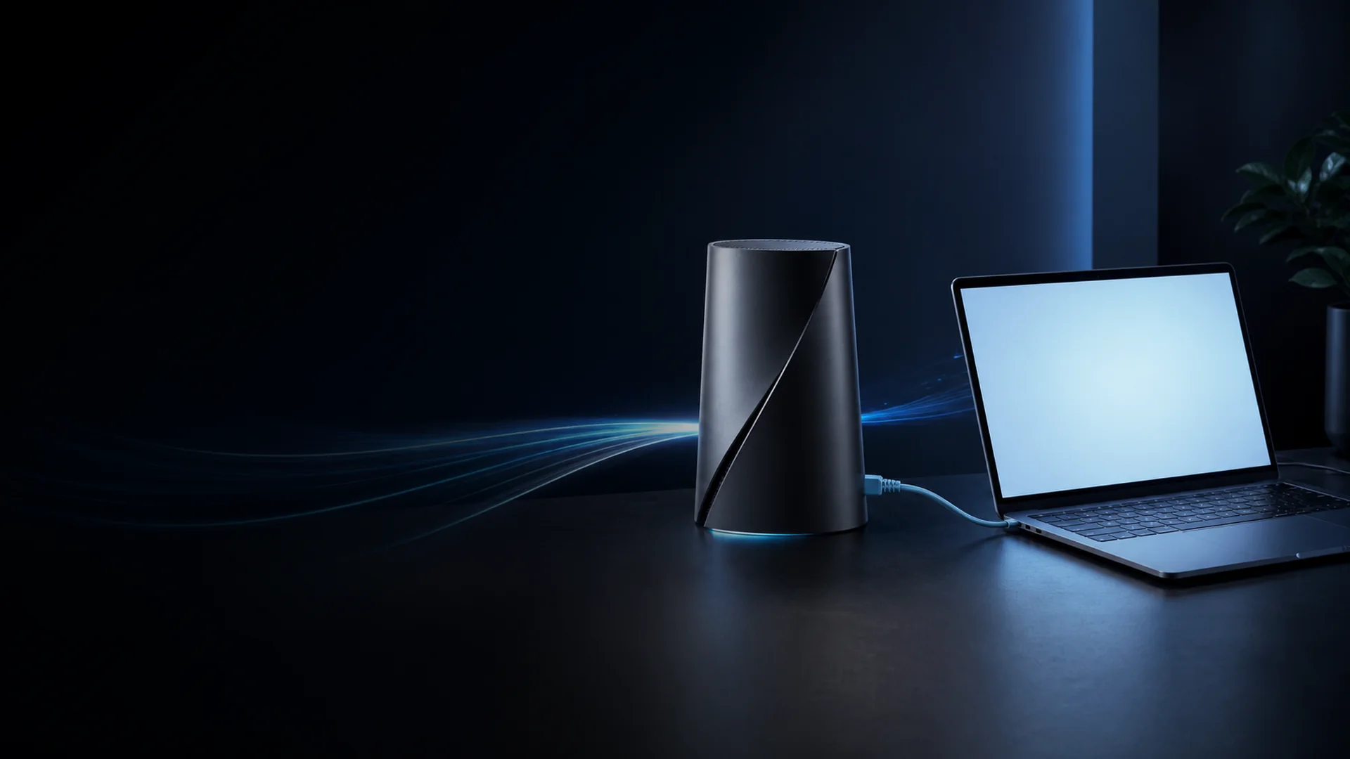 Router mit Speedtest-Ergebnis auf Laptop – Internet-Geschwindigkeit für Remote-Work optimieren