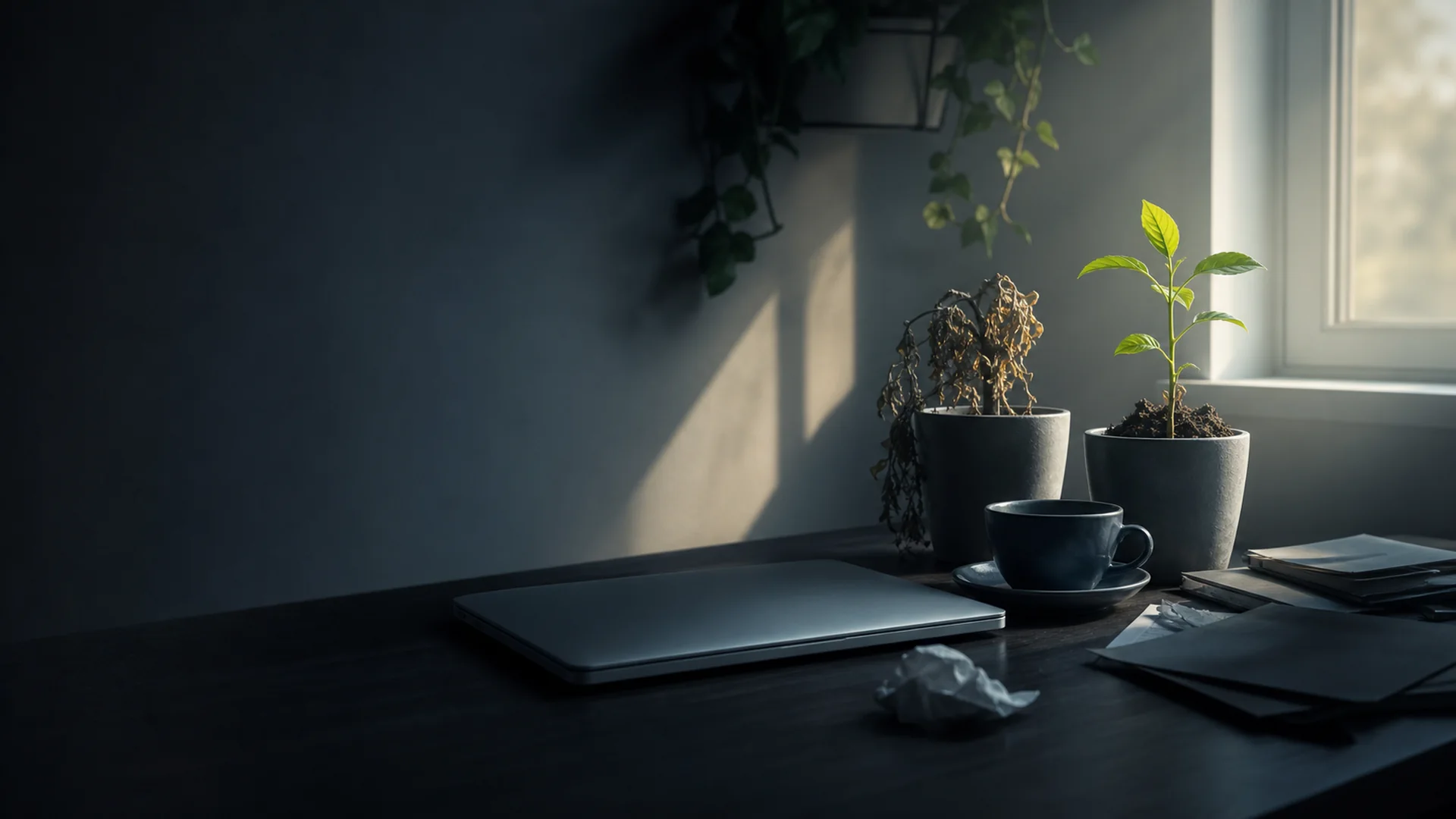 Übermüdete Person vor leerem Laptop-Bildschirm im Home Office – Symbol für Remote-Work Burnout