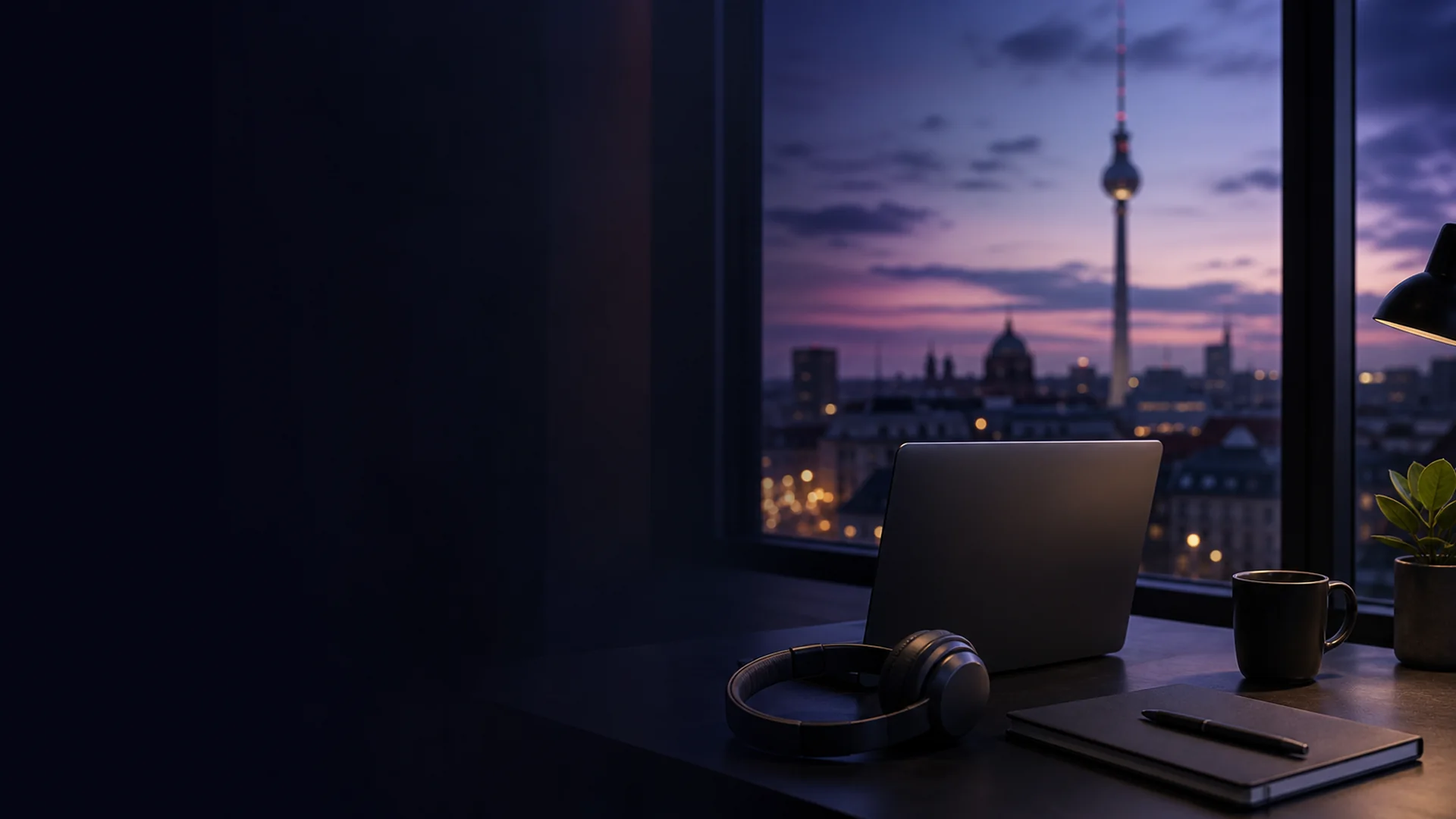 Berliner Skyline mit Fernsehturm – modernes Coworking-Setup im Vordergrund