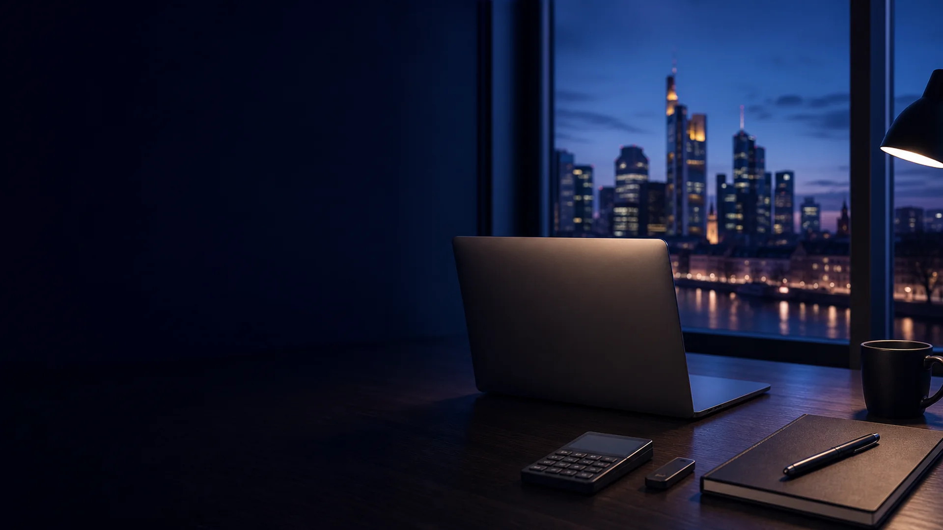 Frankfurter Bankenviertel Skyline – Laptop auf modernem Schreibtisch im Vordergrund