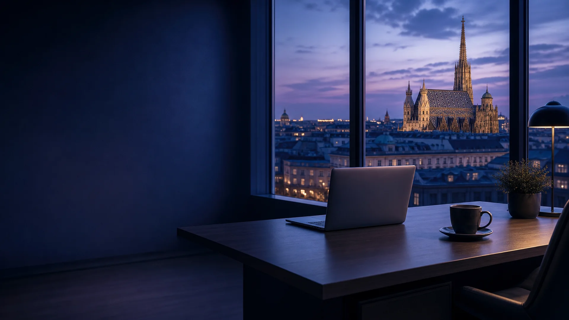 Person arbeitet remote mit Blick auf Wien – Laptop auf einem Wiener Balkon mit Stadtpanorama
