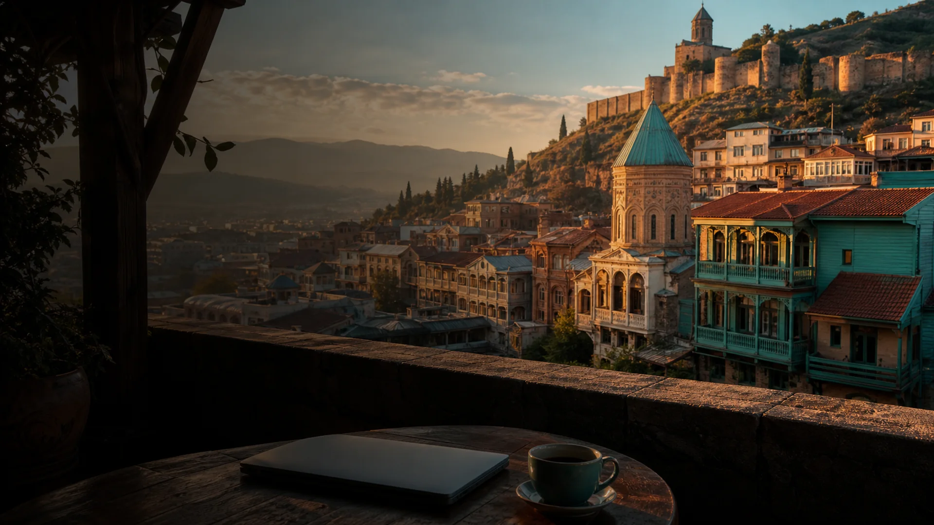 Altstadt Tbilisi mit Schwefel-Bädern und modernem Coworking-Space – Laptop auf Balkon mit Panoramablick