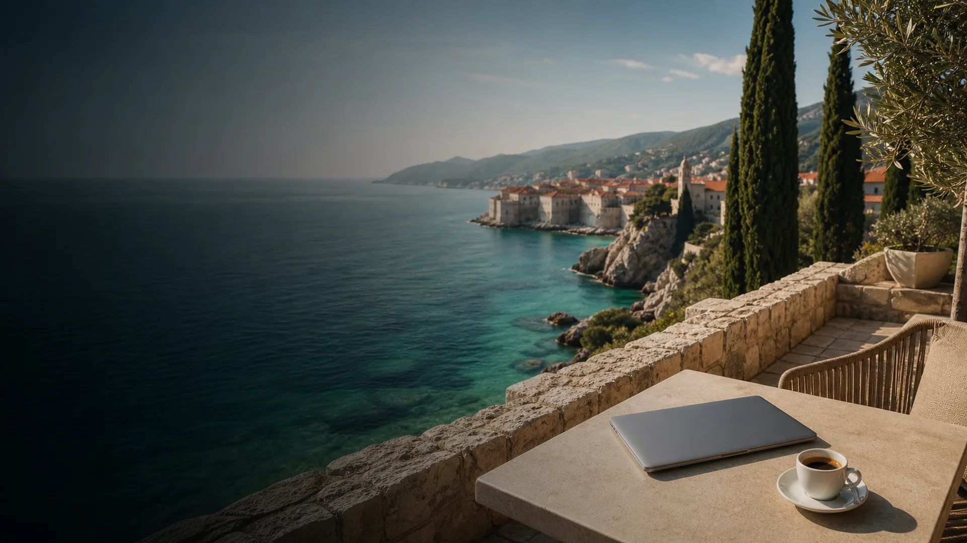 Adriatische Küste in Dalmatien – Laptop auf Steinmauer mit Blick auf türkisblaues Meer und historische Altstadt
