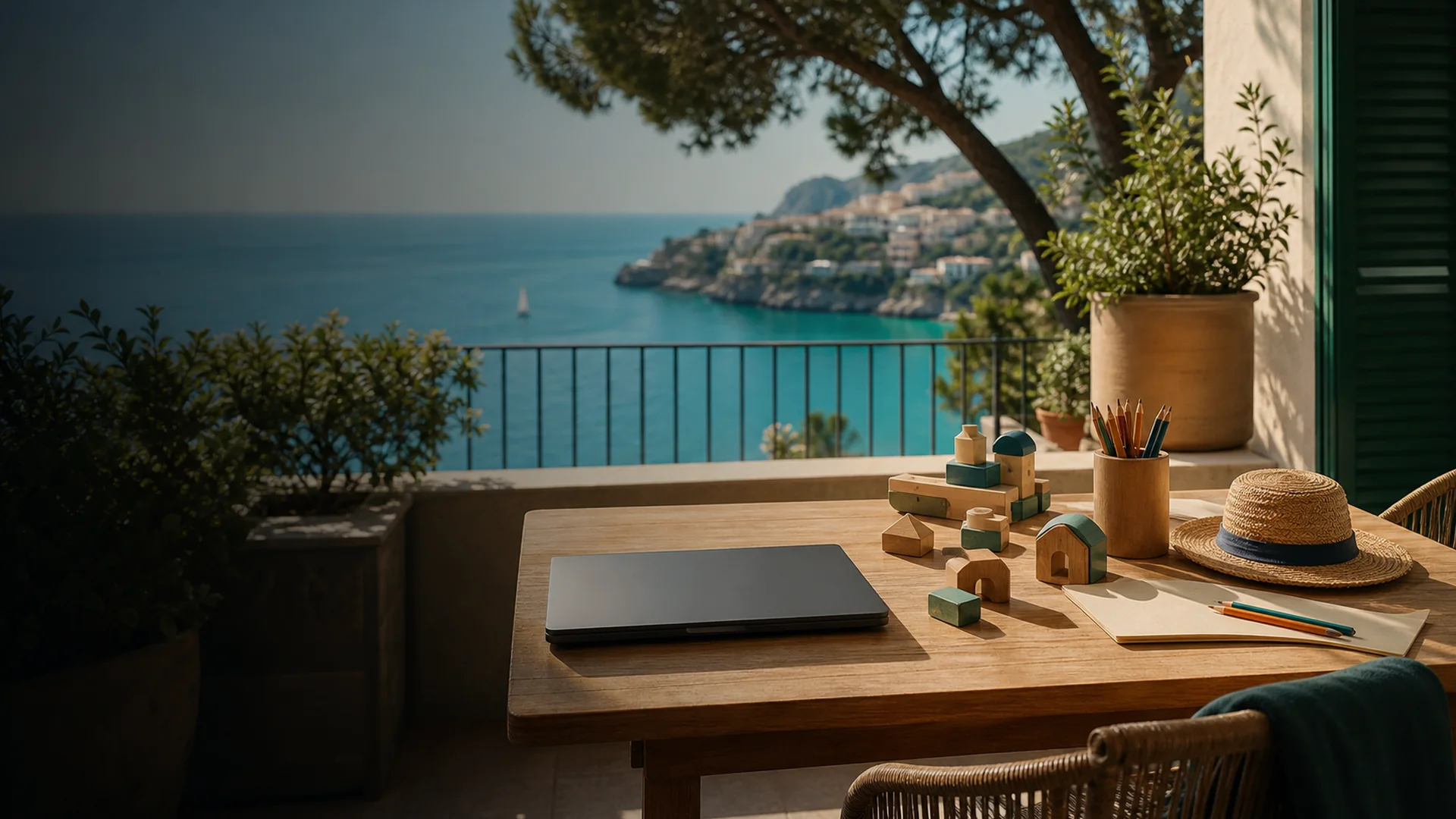 Familie mit Kindern am Strand mit Laptop und Sonnenschirm – Workation mit Familie am Meer