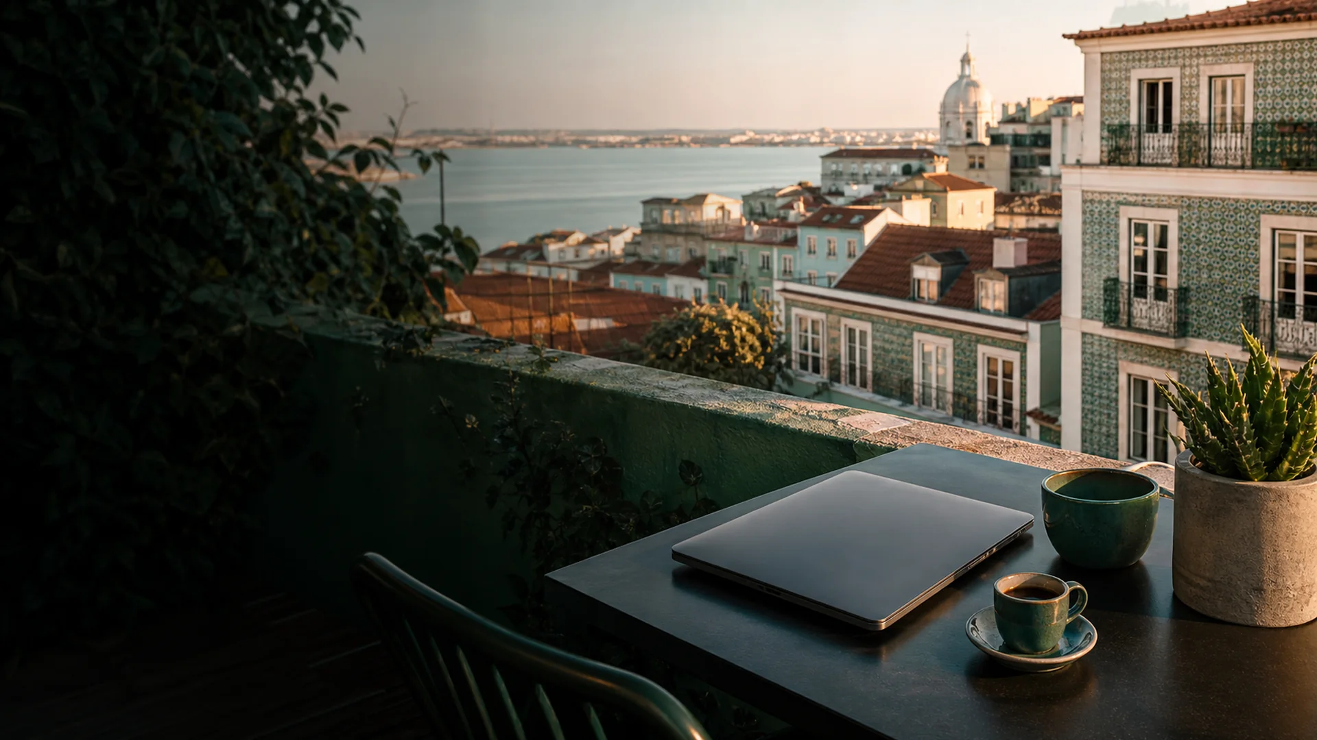 Remote-Worker arbeitet am Laptop mit Blick auf Lissabons Altstadt und den Tejo