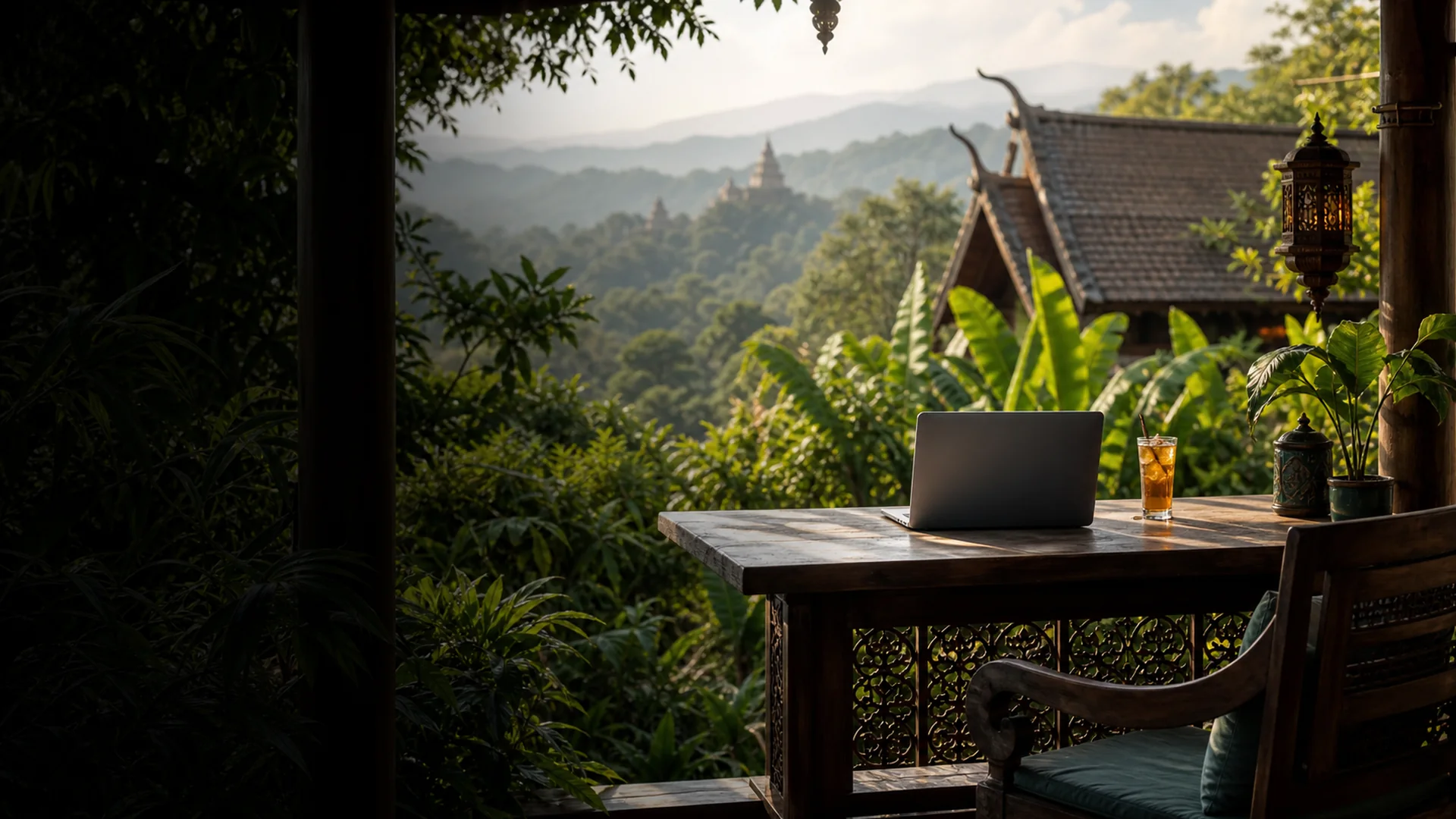 Remote-Worker an offener Terrasse in Chiang Mai mit Laptop und tropischer Dschungel-Aussicht im Hintergrund