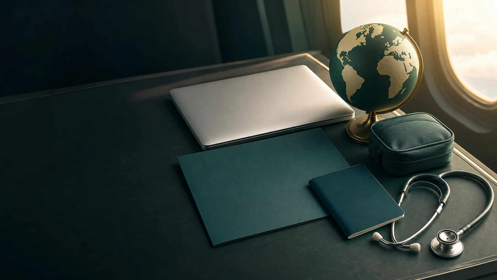 Versicherungsunterlagen mit Stethoskop, EHIC-Karte und Laptop – Workation-Versicherungs-Übersicht