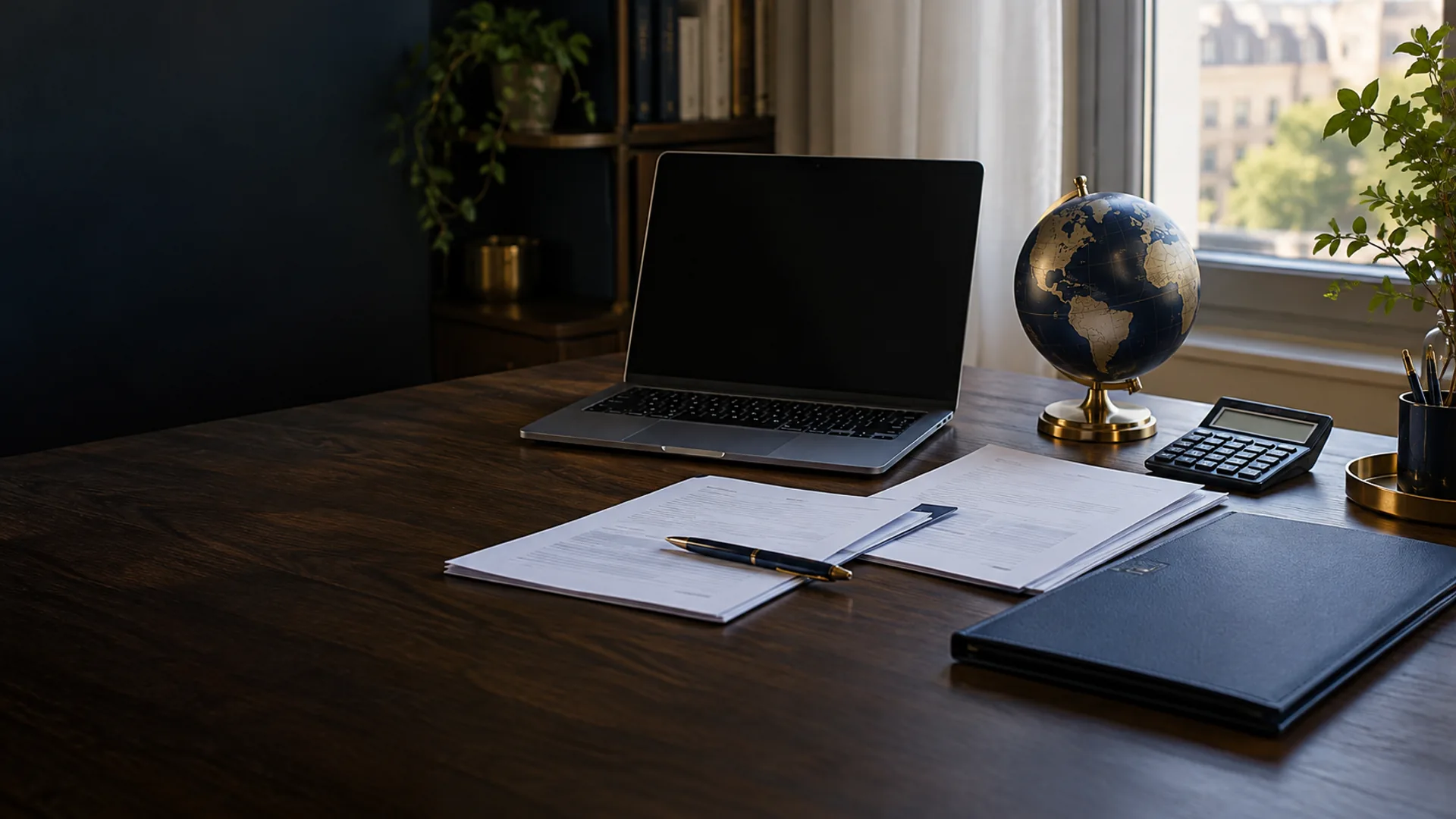 Laptop, Globus und Unterlagen auf einem Schreibtisch im Homeoffice