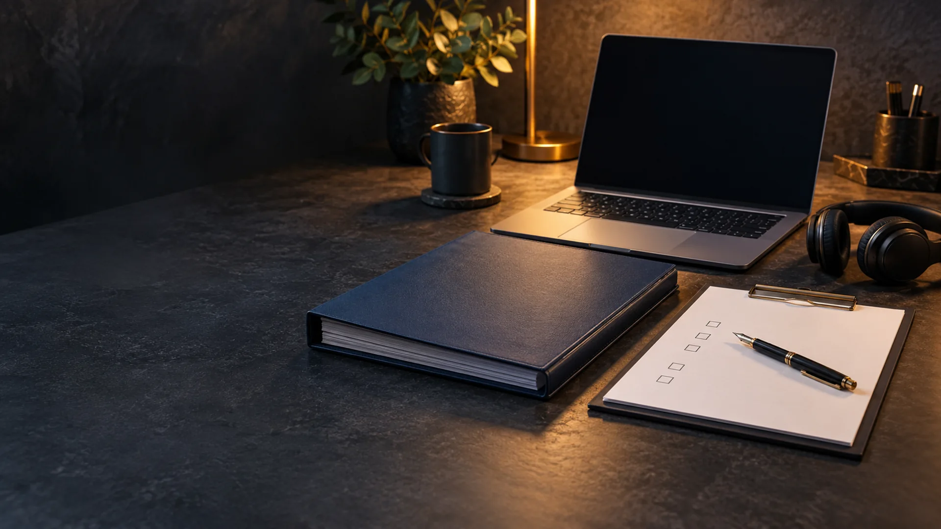 Richtlinienordner, Checkliste und Stift neben Laptop und Kopfhörern